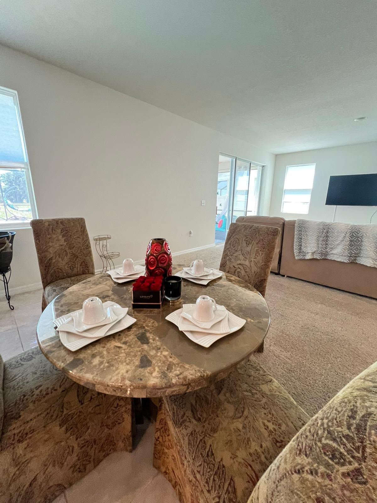 Tidy dining room table set and staged