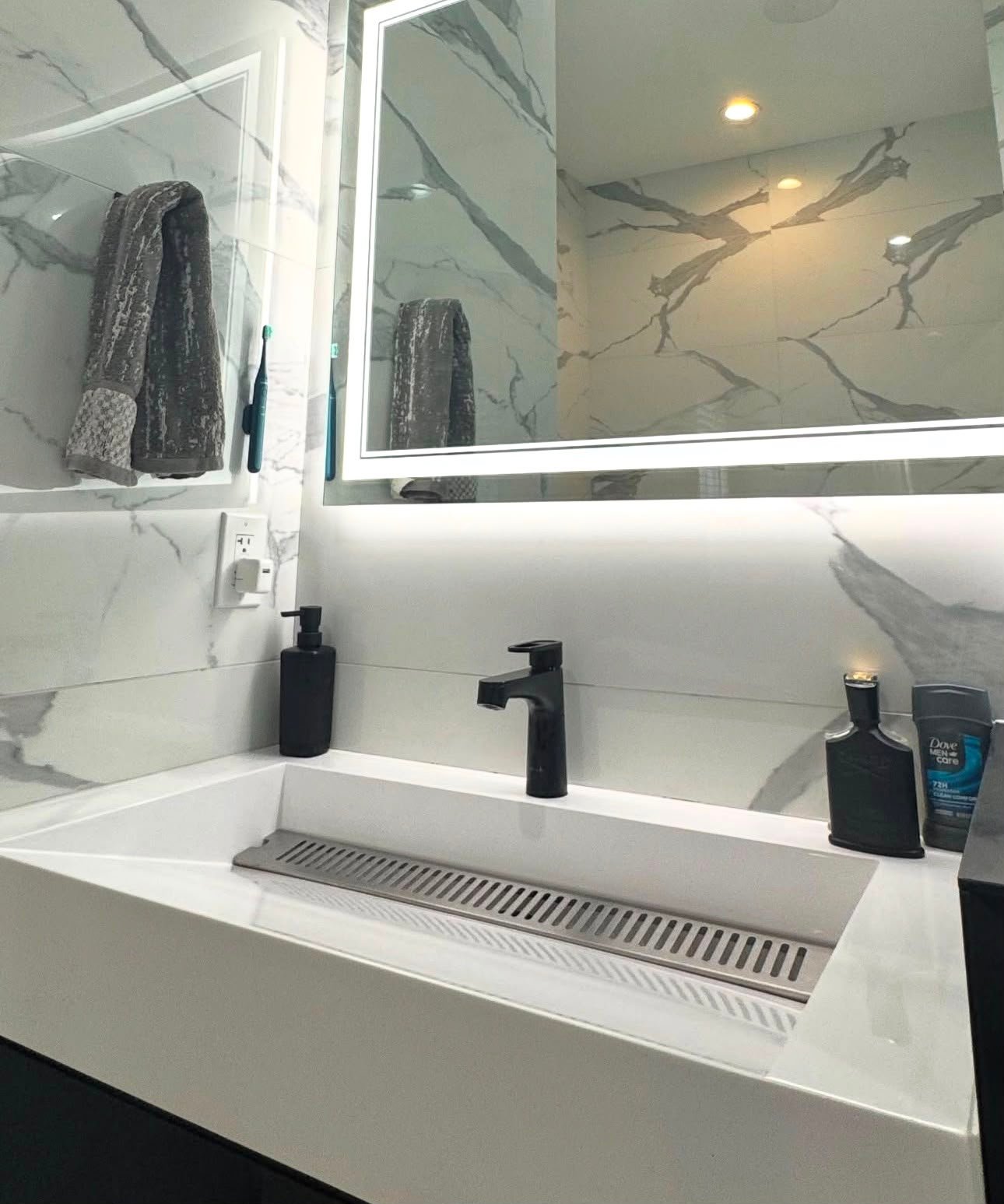 Finished modern bathroom vanity, sparkling clean