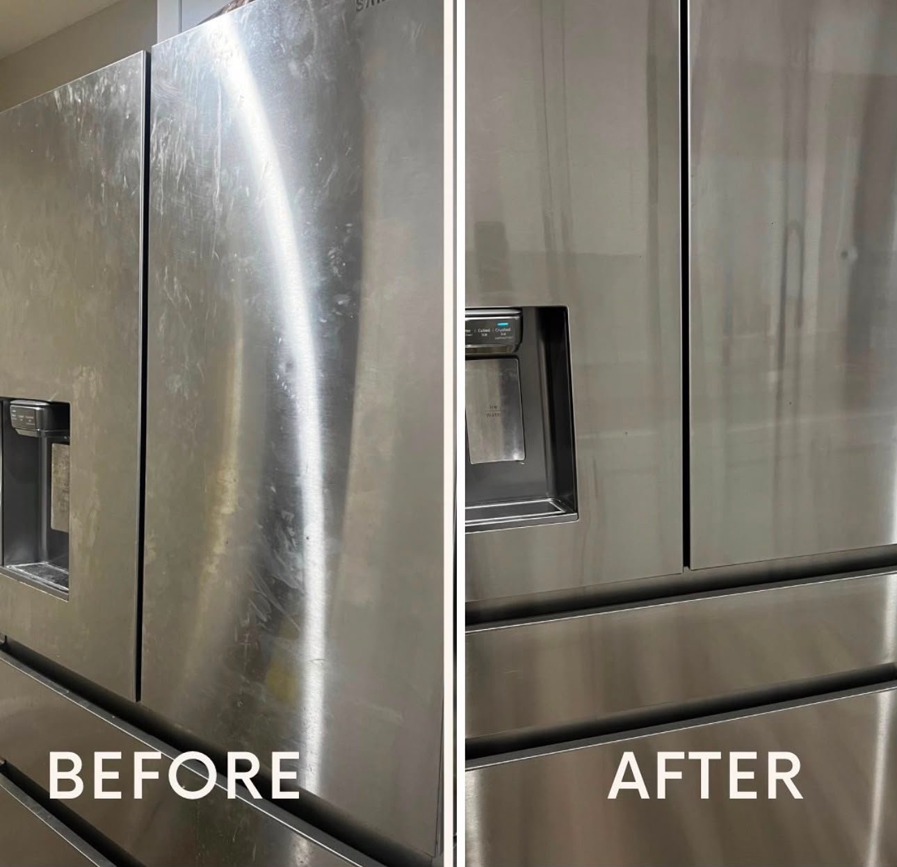 Stainless steel refrigerator before and after polishing