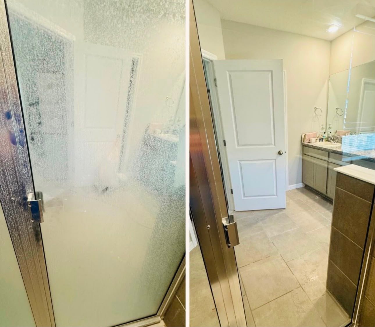 Glass shower door before and after cleaning, soap scum removed